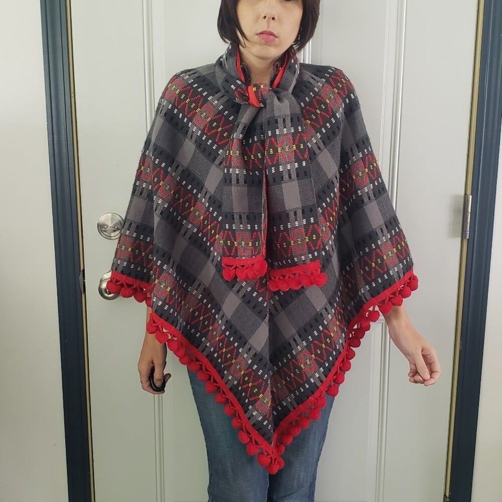 70s Gray and Red Poncho with Matching Scarf